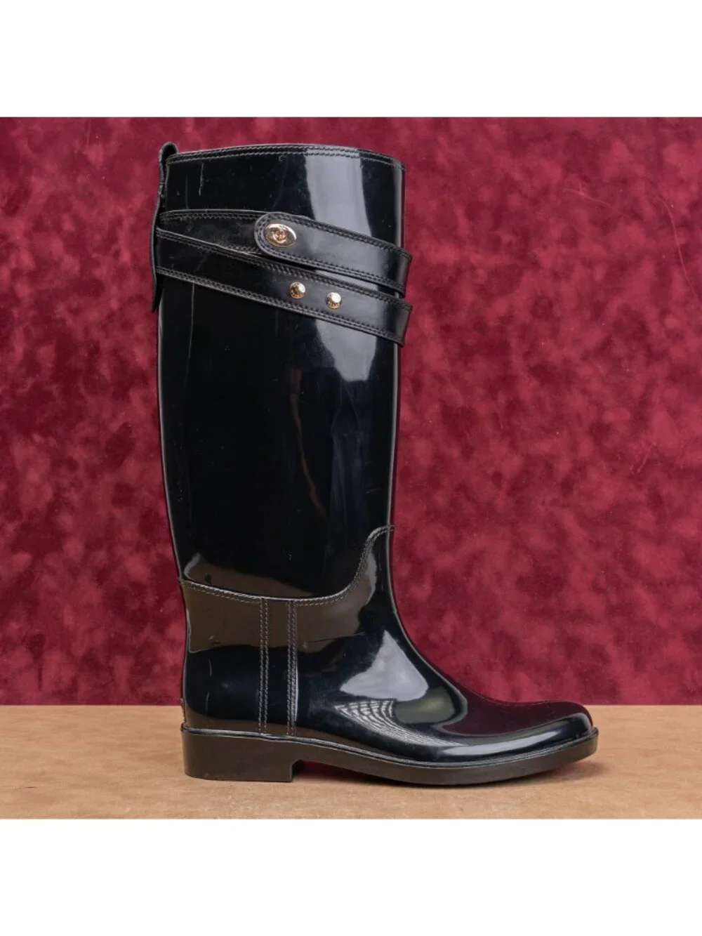 Coach Women Black Gloss Riding Equestrian Wellies Rubber Boots sz 11